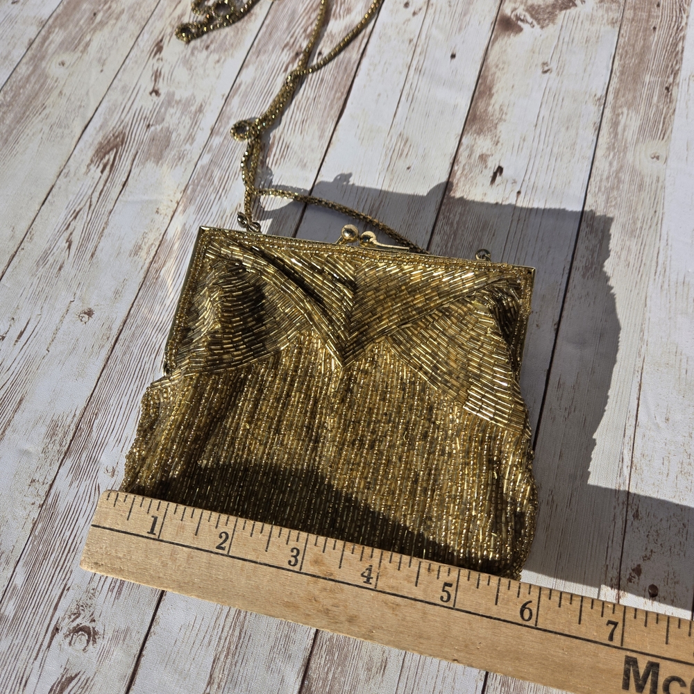 Vintage Gold Amber Beaded Evening Bag Clutch w/ Chain Strap Prom Wedding - Picture 4 of 12